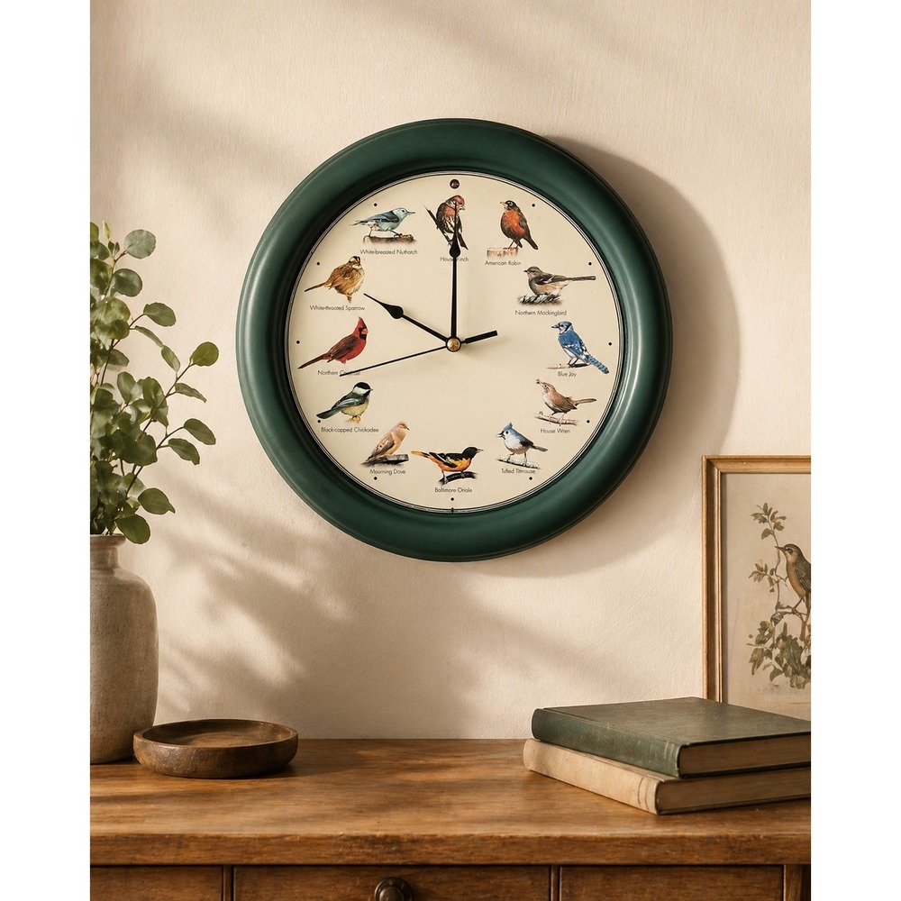 Vintage Singing Bird Clock 13" Green Frame Audubon Society Rustic Cottage Decor